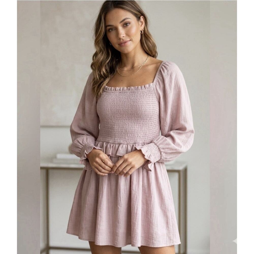 Oddi Smocked Square Neck Long Sleeve Midi Pink Boho Dress XL NEW Cottagecore